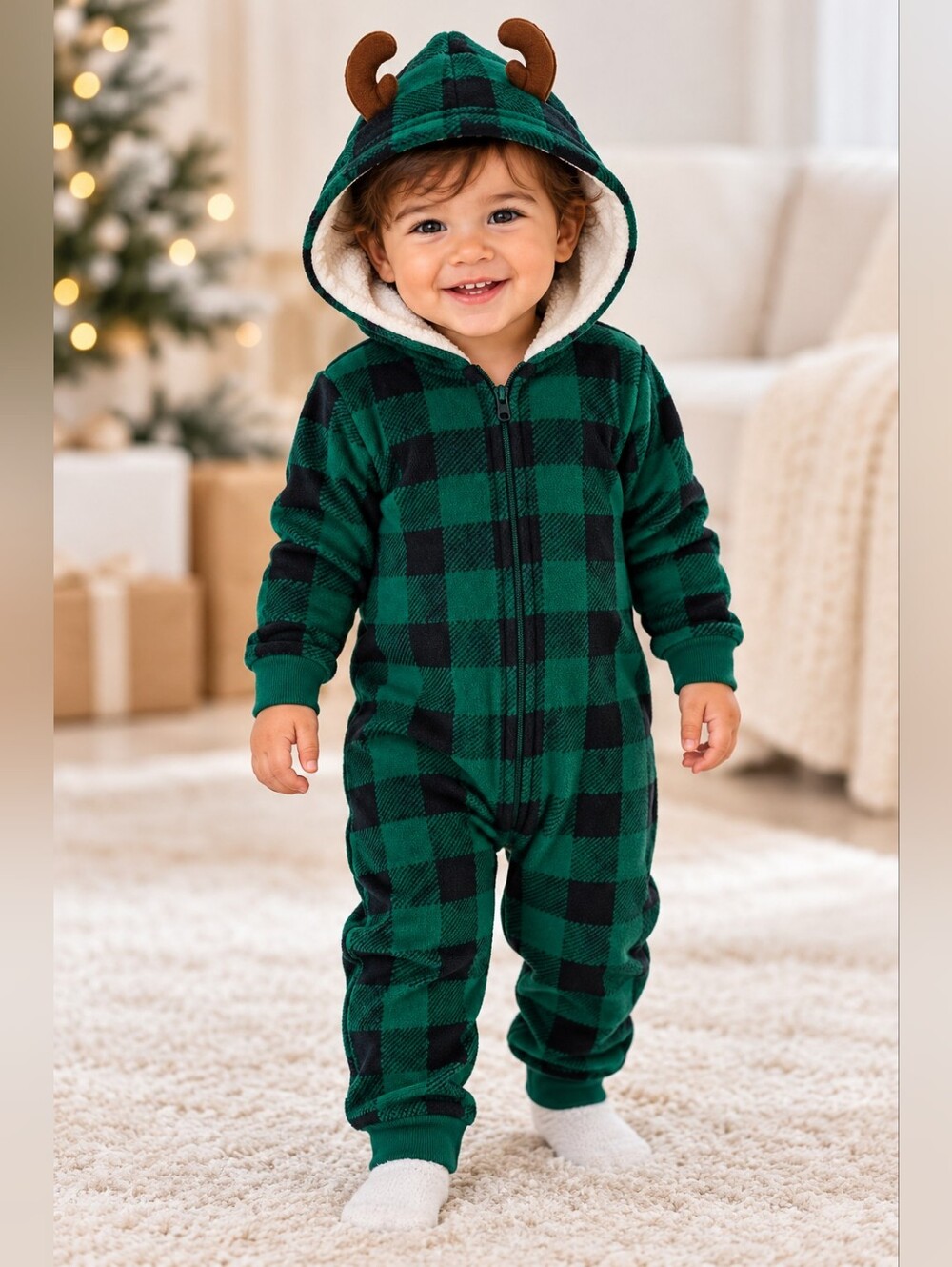 George Green and Black Plaid Sherpa-Lined Hooded Puffer Jacket
